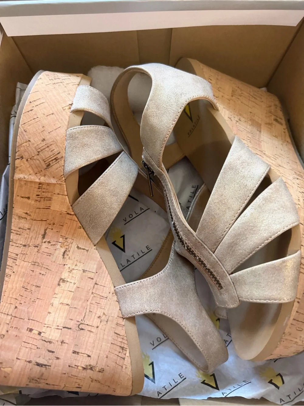 Volatile Metallic Taupe Cork Wedge Sandals